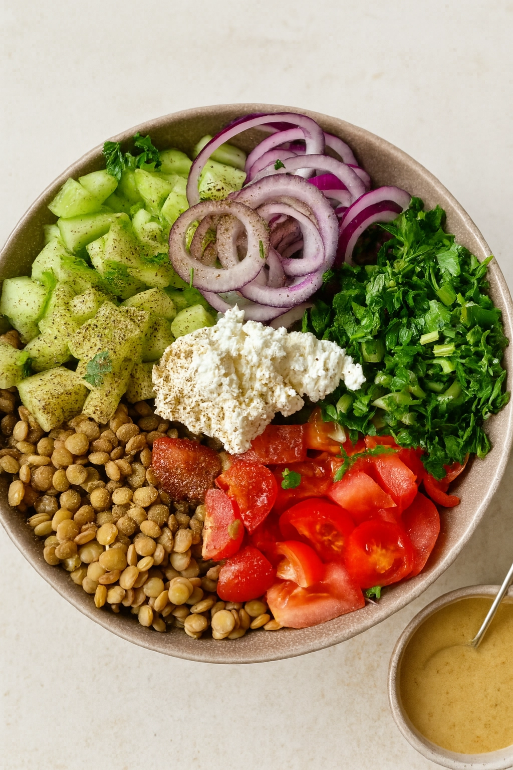 Kolorowa sałatka z soczewicą, warzywami i serem feta