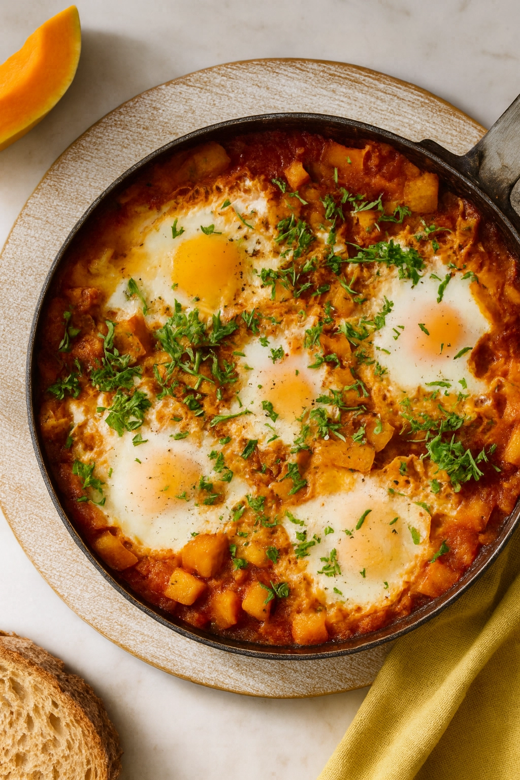 Aromatyczna szakszuka z dynią, pomidorami i jajkami w żeliwnej patelni